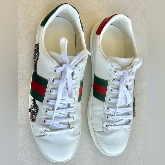 Gucci White Leather Ace Web Arrow Embroidered Low Top Sneakers size 38.5 White - Picture 10 of 12